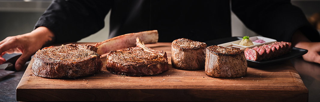 Chef's prime steak presentation at Fleming's Prime Steakhouse and Wine Bar in Summerlin, Las Vegas, Nevada